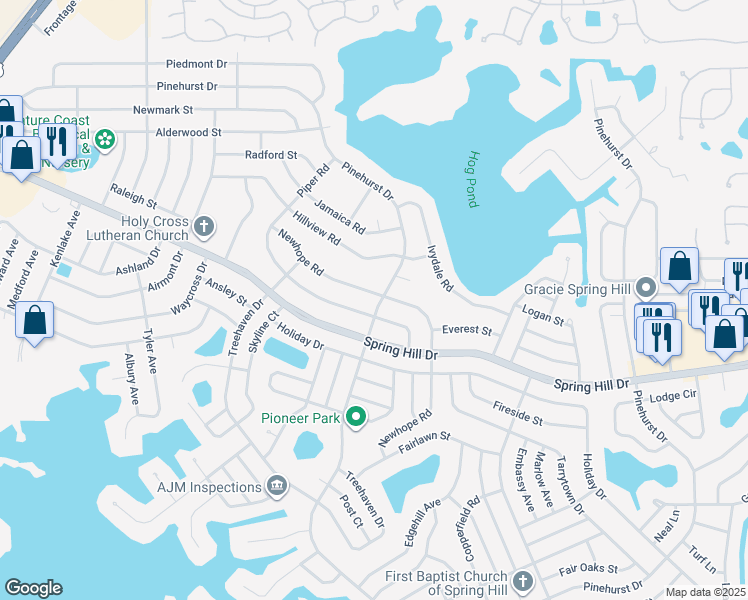 map of restaurants, bars, coffee shops, grocery stores, and more near 1328 Piper Road in Spring Hill