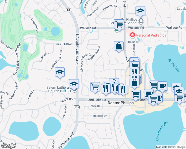 map of restaurants, bars, coffee shops, grocery stores, and more near 7764 Chapelhill Drive in Orlando