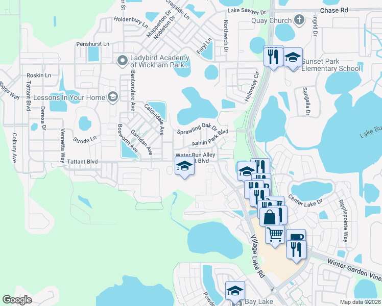 map of restaurants, bars, coffee shops, grocery stores, and more near 11916 Water Run Alley in Windermere