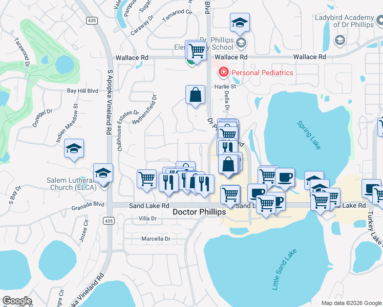 map of restaurants, bars, coffee shops, grocery stores, and more near 7736 Windbreak Road in Orlando