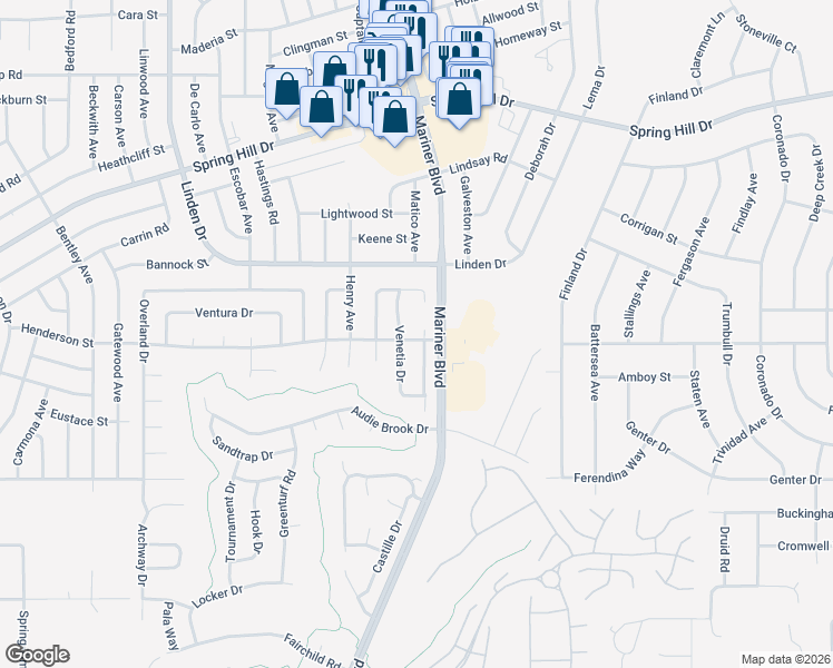 map of restaurants, bars, coffee shops, grocery stores, and more near 1221 Muscovy Drive in Spring Hill
