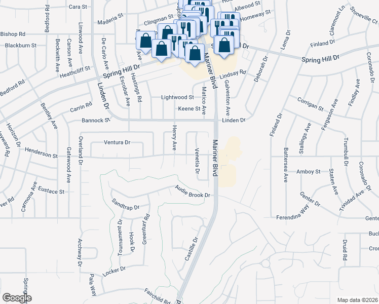 map of restaurants, bars, coffee shops, grocery stores, and more near 10994 Henderson Street in Spring Hill