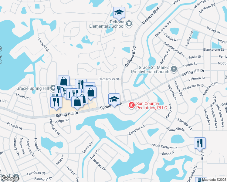 map of restaurants, bars, coffee shops, grocery stores, and more near 8125 Omaha Circle in Spring Hill