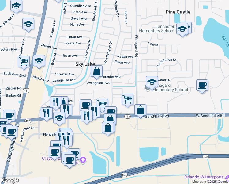 map of restaurants, bars, coffee shops, grocery stores, and more near 713 McDougall Court in Orlando