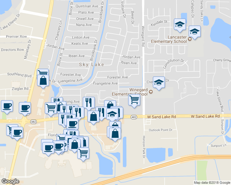 map of restaurants, bars, coffee shops, grocery stores, and more near 825 Sky Lake Circle in Orlando