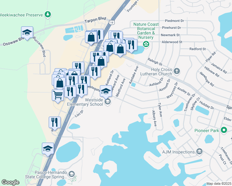 map of restaurants, bars, coffee shops, grocery stores, and more near 1315 Medford Avenue in Spring Hill