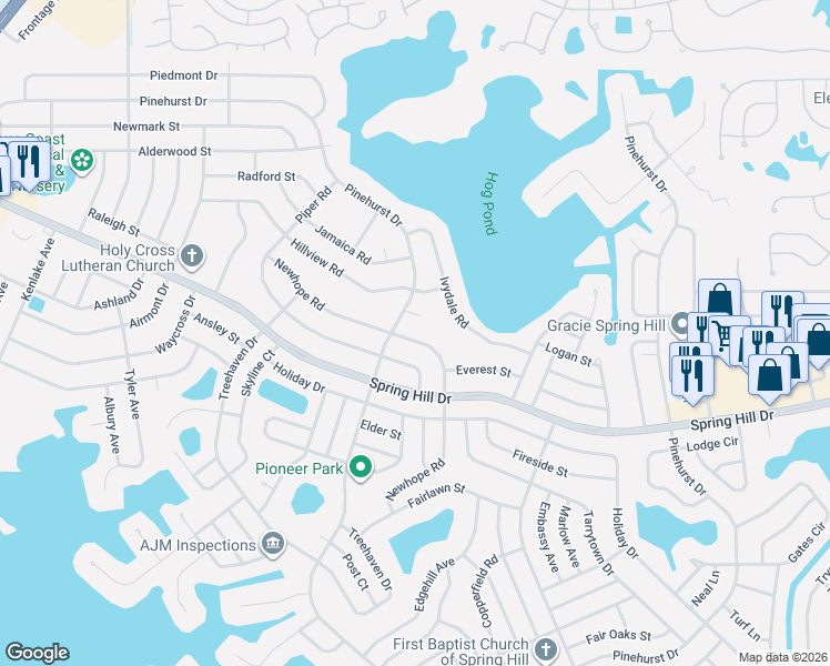map of restaurants, bars, coffee shops, grocery stores, and more near 1379 Newhope Road in Spring Hill