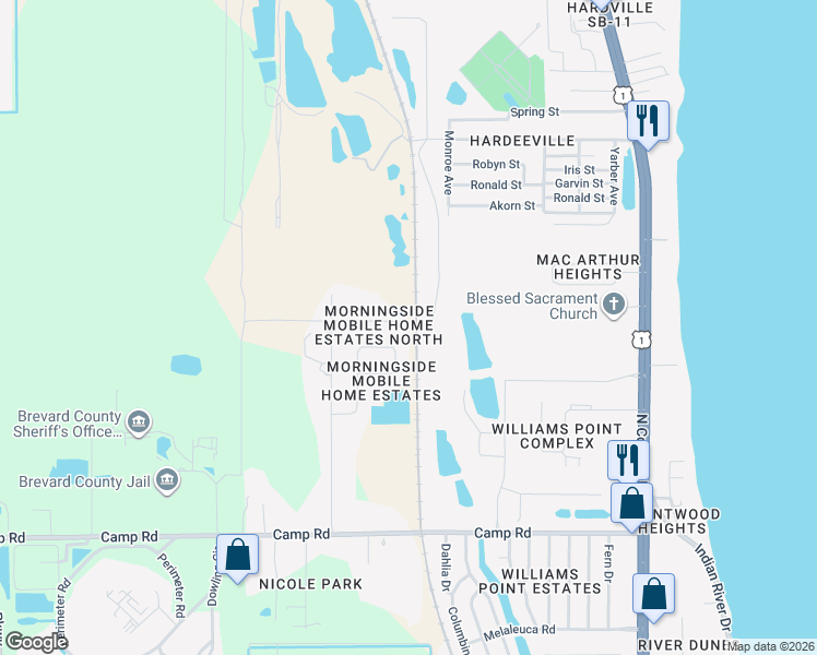 map of restaurants, bars, coffee shops, grocery stores, and more near 495 Quarno Road in Cocoa