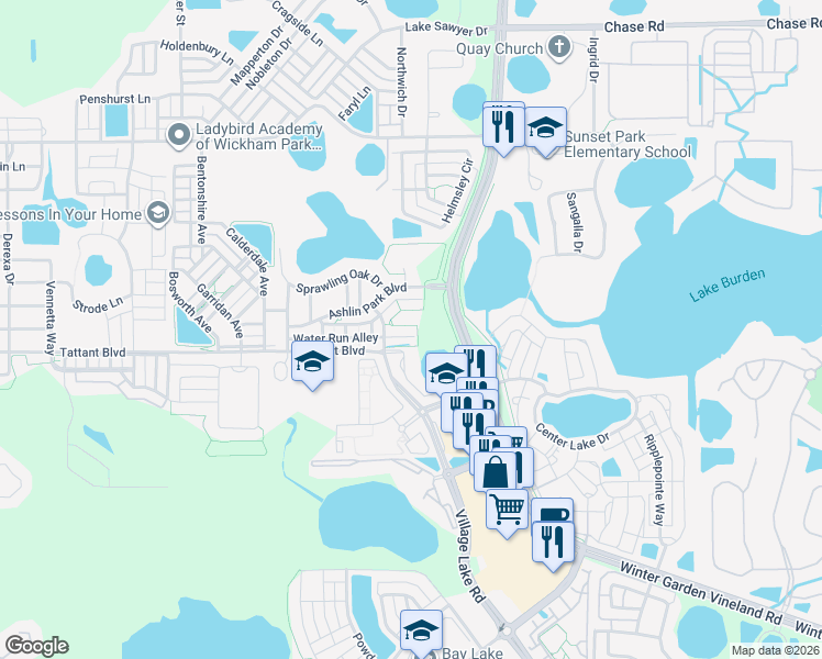 map of restaurants, bars, coffee shops, grocery stores, and more near 11654 Water Run Alley in Windermere