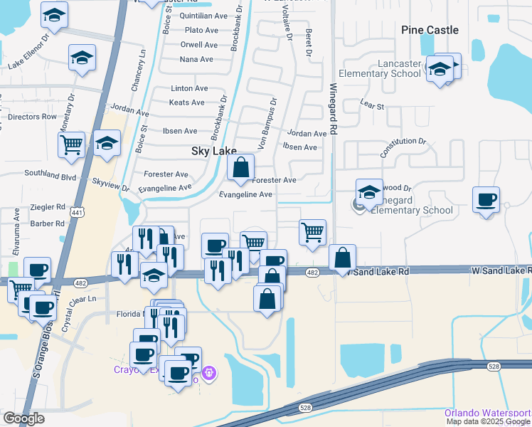 map of restaurants, bars, coffee shops, grocery stores, and more near 825 Sky Lake Circle in Orlando