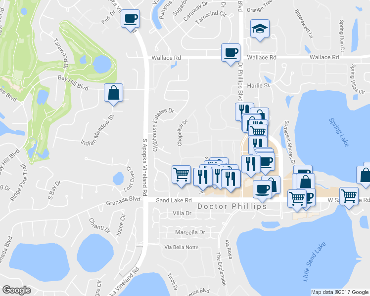 map of restaurants, bars, coffee shops, grocery stores, and more near 8317 Sandpoint Boulevard in Orlando