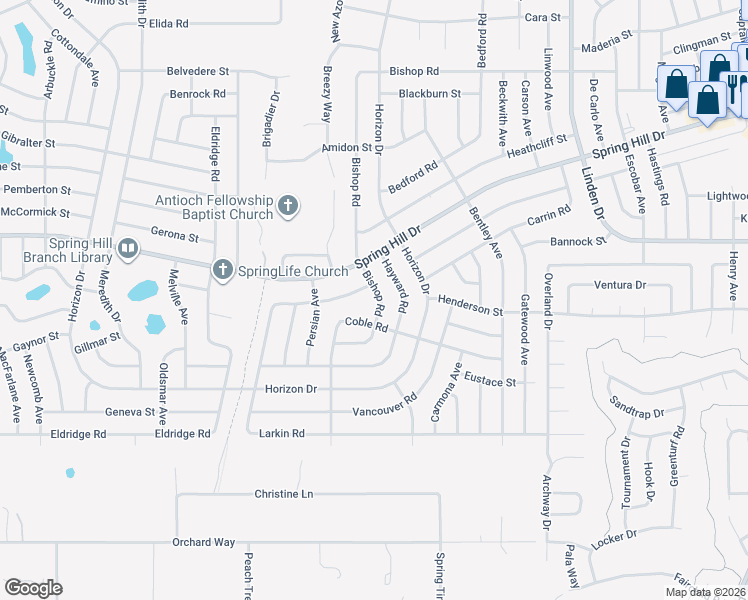 map of restaurants, bars, coffee shops, grocery stores, and more near 1327 Bishop Road in Spring Hill