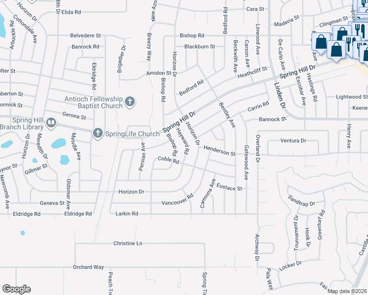 map of restaurants, bars, coffee shops, grocery stores, and more near 10103 Hayward Road in Spring Hill