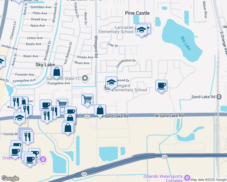 map of restaurants, bars, coffee shops, grocery stores, and more near 7055 Winegard Road in Orlando