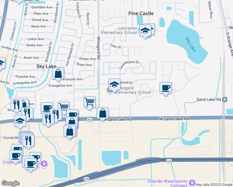 map of restaurants, bars, coffee shops, grocery stores, and more near 7055 Winegard Road in Orlando