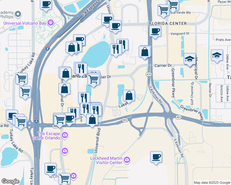 map of restaurants, bars, coffee shops, grocery stores, and more near 7575 Universal Boulevard in Orlando