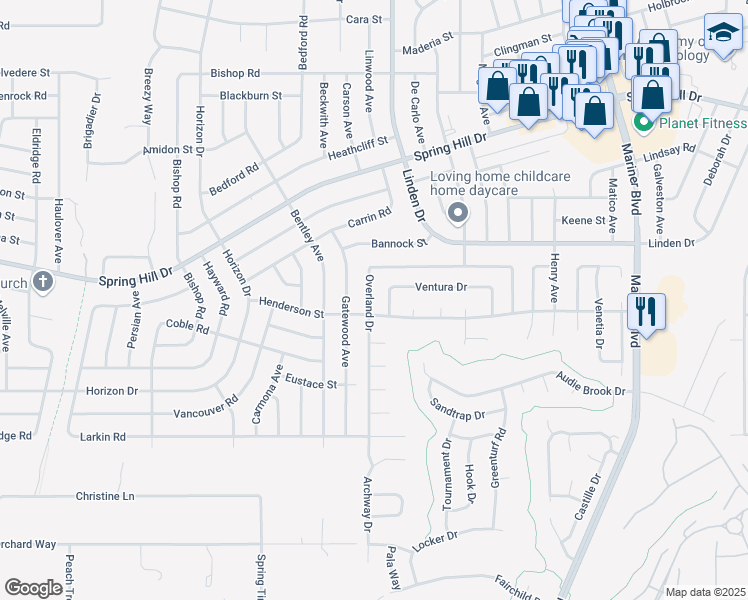 map of restaurants, bars, coffee shops, grocery stores, and more near 1320 Overland Drive in Spring Hill