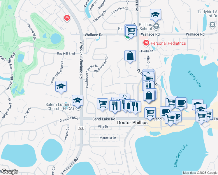 map of restaurants, bars, coffee shops, grocery stores, and more near 8133 Sandpoint Boulevard in Orlando