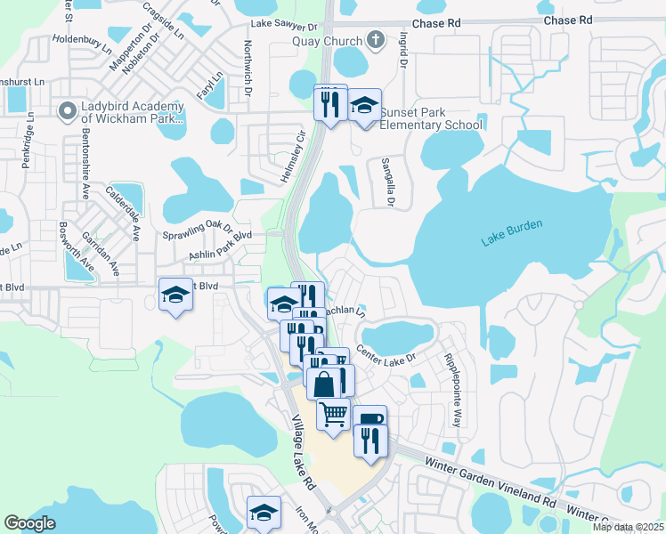 map of restaurants, bars, coffee shops, grocery stores, and more near 11630 Brickyard Pond Lane in Windermere