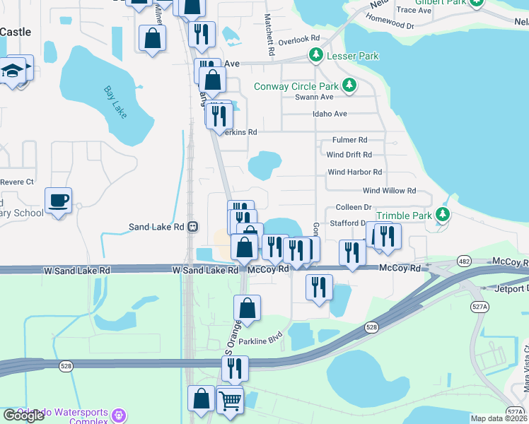 map of restaurants, bars, coffee shops, grocery stores, and more near 8013 South Orange Avenue in Orlando