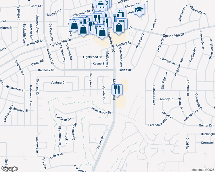 map of restaurants, bars, coffee shops, grocery stores, and more near 1225 Muscovy Drive in Spring Hill