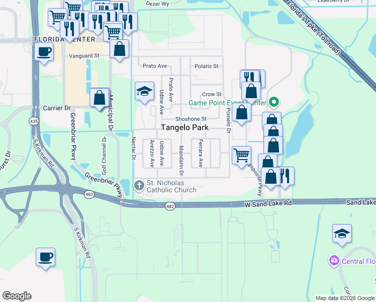 map of restaurants, bars, coffee shops, grocery stores, and more near 7620 Ravenna Avenue in Orlando