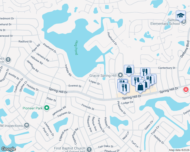 map of restaurants, bars, coffee shops, grocery stores, and more near 7143 Logan Street in Spring Hill