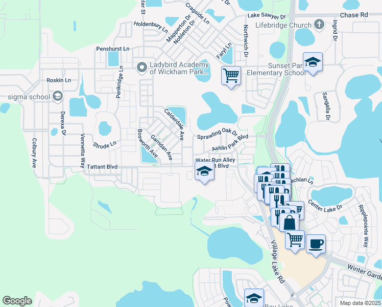 map of restaurants, bars, coffee shops, grocery stores, and more near 7276 Backwoods Trail in Windermere