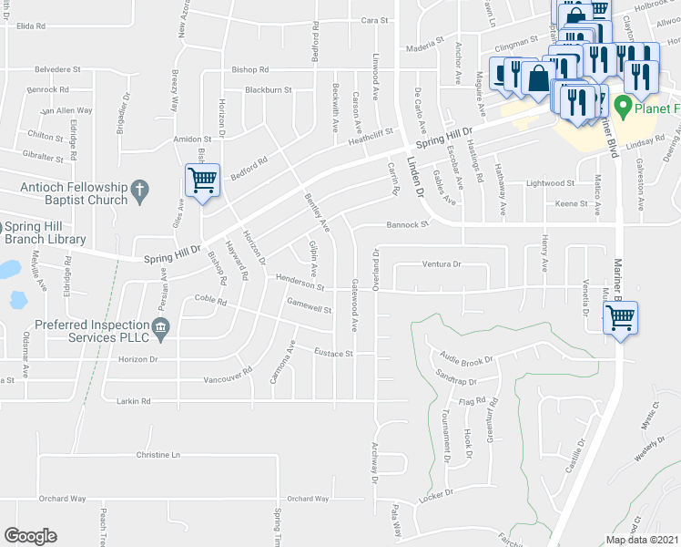 map of restaurants, bars, coffee shops, grocery stores, and more near 1296 Bentley Avenue in Spring Hill