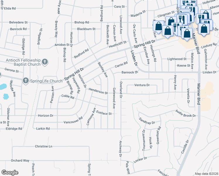 map of restaurants, bars, coffee shops, grocery stores, and more near 1296 Bentley Avenue in Spring Hill