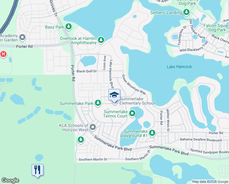 map of restaurants, bars, coffee shops, grocery stores, and more near 7749 Purple Finch Street in Winter Garden