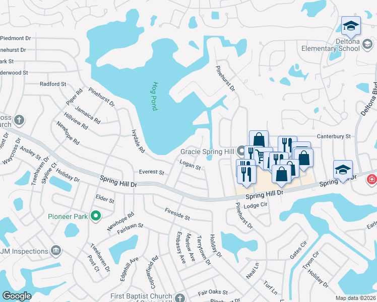 map of restaurants, bars, coffee shops, grocery stores, and more near 7143 Logan Street in Spring Hill