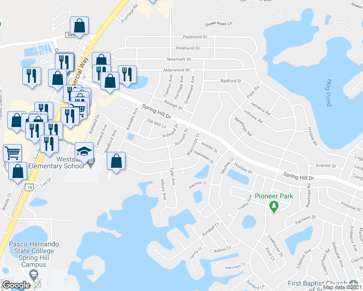 map of restaurants, bars, coffee shops, grocery stores, and more near 6138 Airmont Drive in Spring Hill