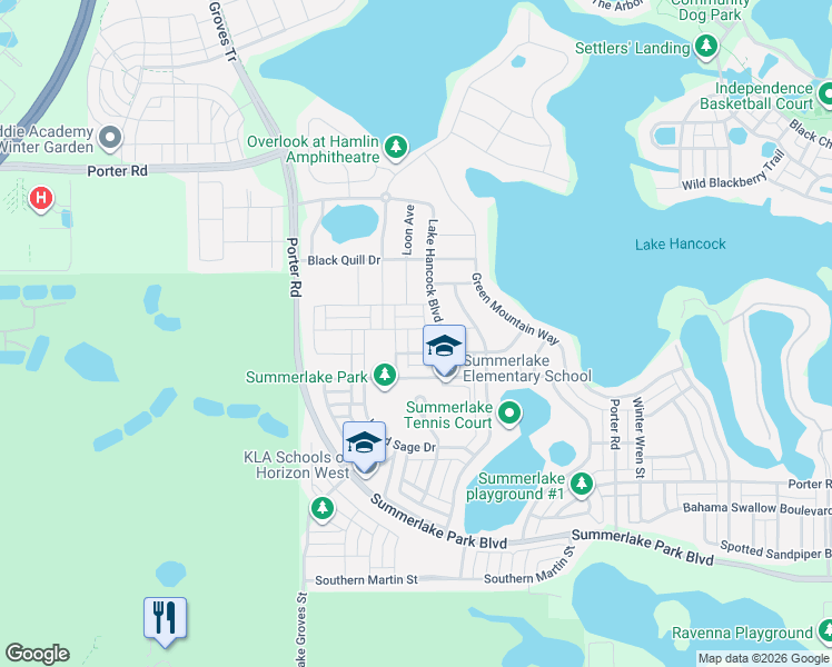 map of restaurants, bars, coffee shops, grocery stores, and more near 7815 Purple Finch Street in Winter Garden