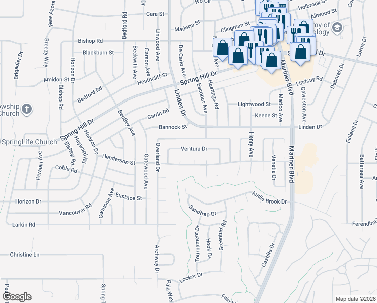 map of restaurants, bars, coffee shops, grocery stores, and more near 10400 Ventura Drive in Spring Hill