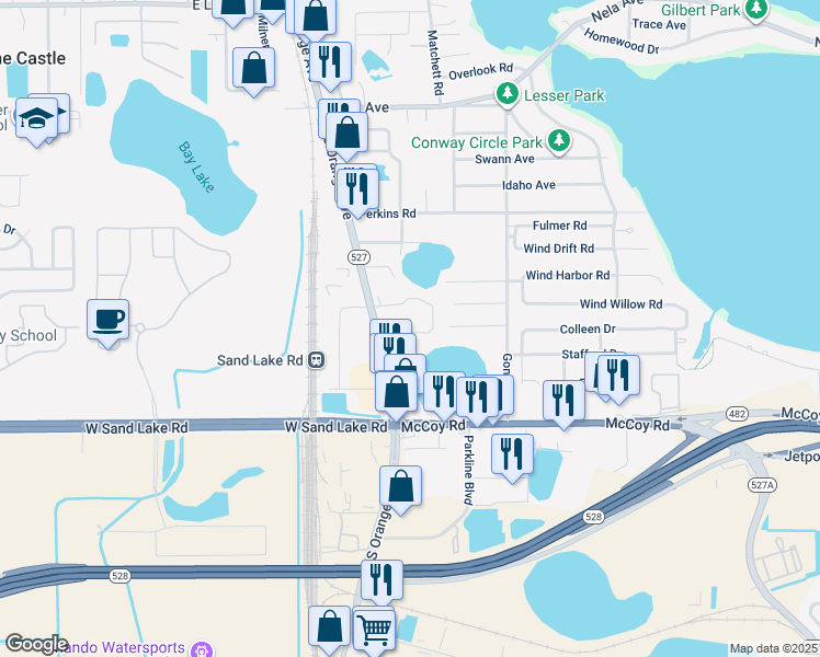 map of restaurants, bars, coffee shops, grocery stores, and more near 7803 South Orange Avenue in Orlando