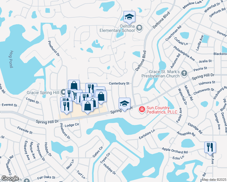 map of restaurants, bars, coffee shops, grocery stores, and more near 1347 Markham Avenue in Spring Hill