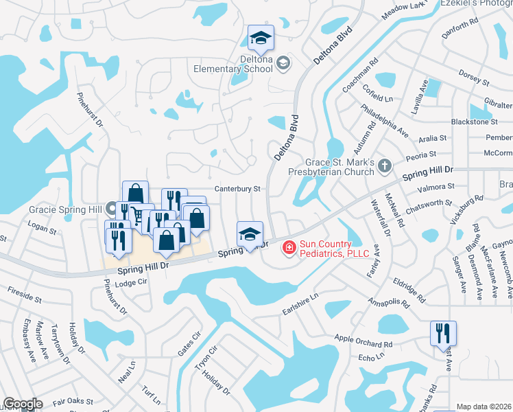 map of restaurants, bars, coffee shops, grocery stores, and more near 8093 Omaha Circle in Spring Hill