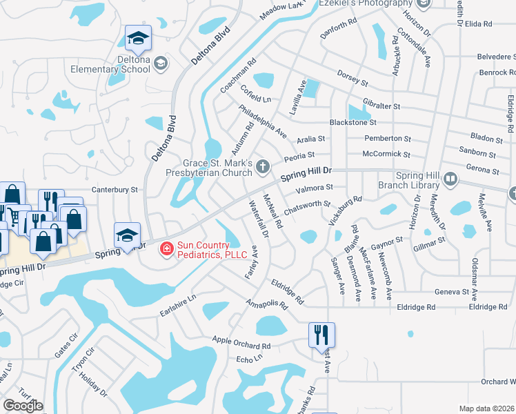 map of restaurants, bars, coffee shops, grocery stores, and more near 1362 Waterfall Drive in Spring Hill