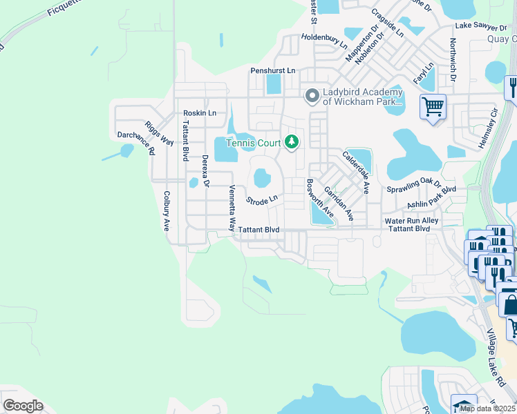 map of restaurants, bars, coffee shops, grocery stores, and more near 12946 Strode Lane in Windermere