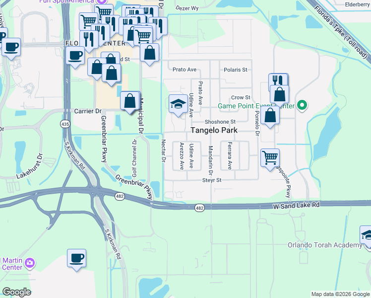 map of restaurants, bars, coffee shops, grocery stores, and more near 5101 Caserta Street in Orlando