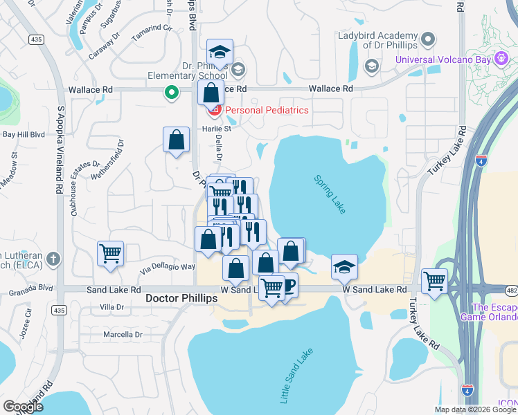 map of restaurants, bars, coffee shops, grocery stores, and more near 7355 Somerset Shores Court in Orlando