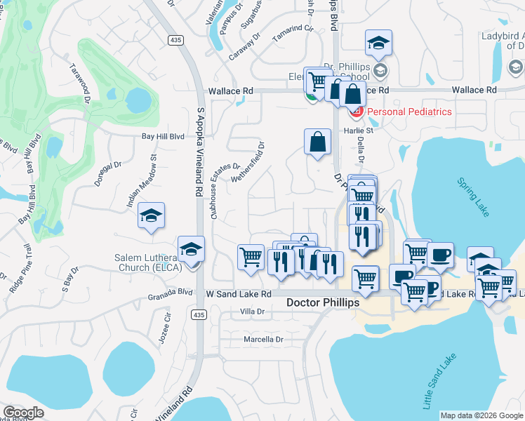map of restaurants, bars, coffee shops, grocery stores, and more near 8256 Ambrose Cove Way in Orlando
