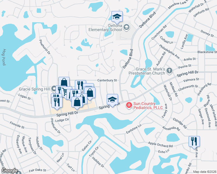 map of restaurants, bars, coffee shops, grocery stores, and more near 1347 Markham Avenue in Spring Hill