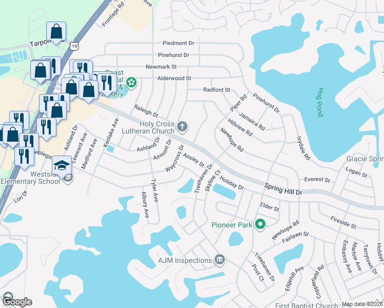map of restaurants, bars, coffee shops, grocery stores, and more near 6232 Spring Hill Drive in Spring Hill