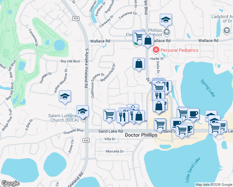 map of restaurants, bars, coffee shops, grocery stores, and more near 7645 Fenwick Cove Lane in Orlando
