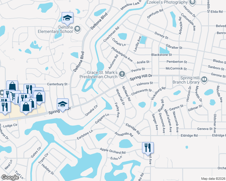 map of restaurants, bars, coffee shops, grocery stores, and more near 8330 Spring Hill Drive in Spring Hill