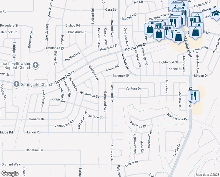 map of restaurants, bars, coffee shops, grocery stores, and more near 1339 Overland Drive in Spring Hill