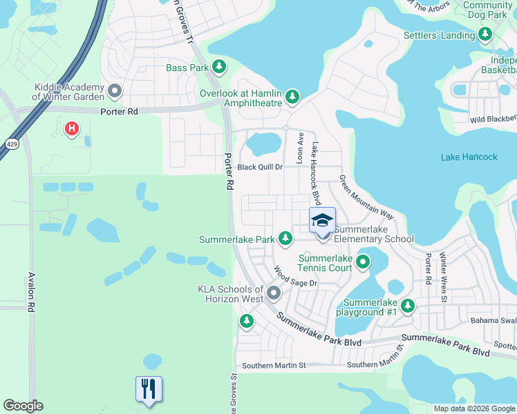 map of restaurants, bars, coffee shops, grocery stores, and more near 15249 Purple Martin Street in Winter Garden