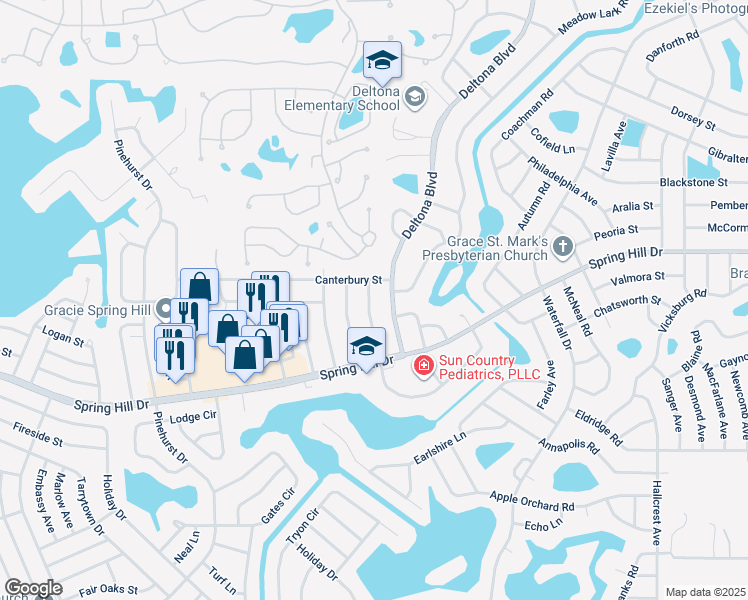 map of restaurants, bars, coffee shops, grocery stores, and more near 8067 Omaha Circle in Spring Hill